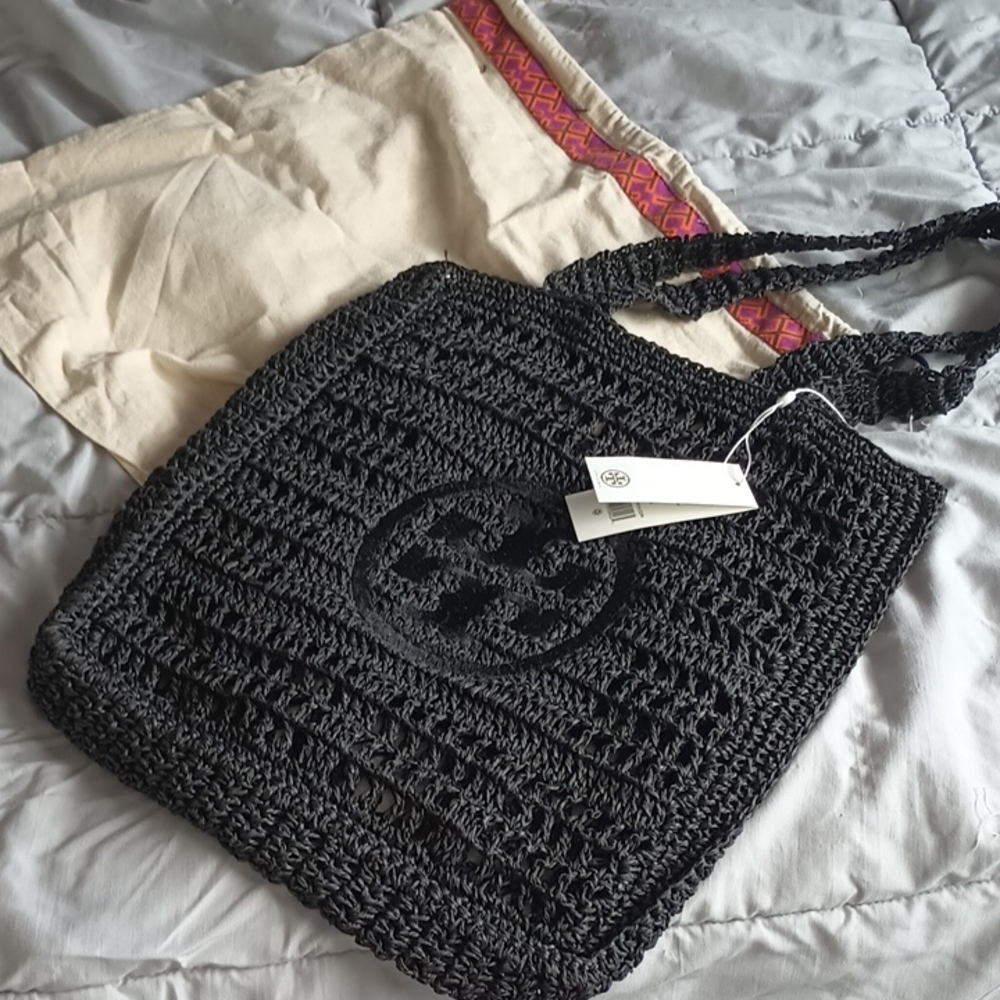 Tory Burch Small Black Ella Raffia Tote Bag